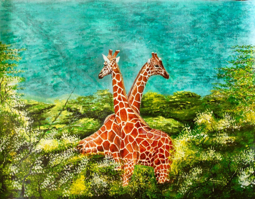 Richard Kimemia, Wildlife Artist, paints Giraffes Intertwined