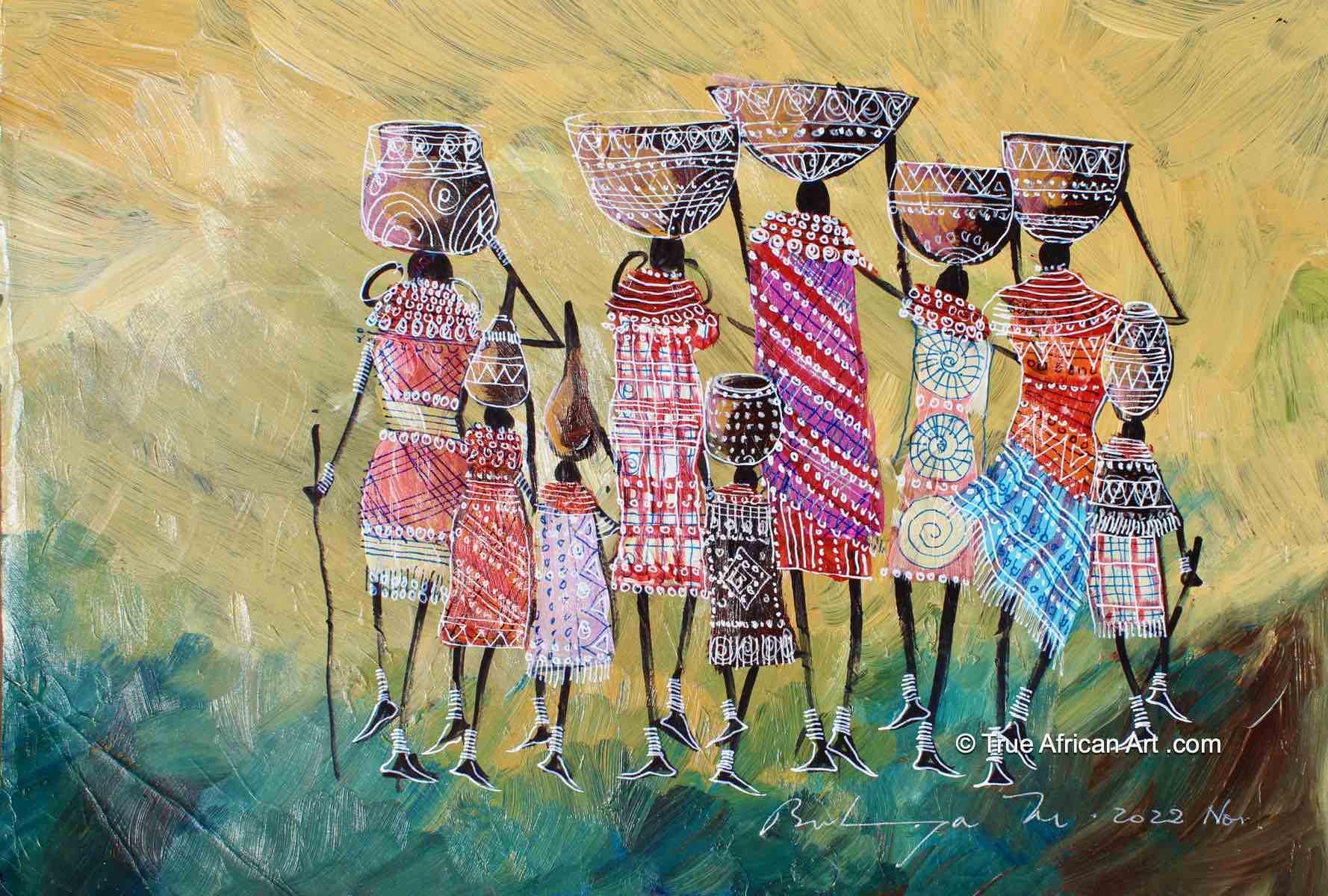 Colorful Maasai figures in an abstract background. Original