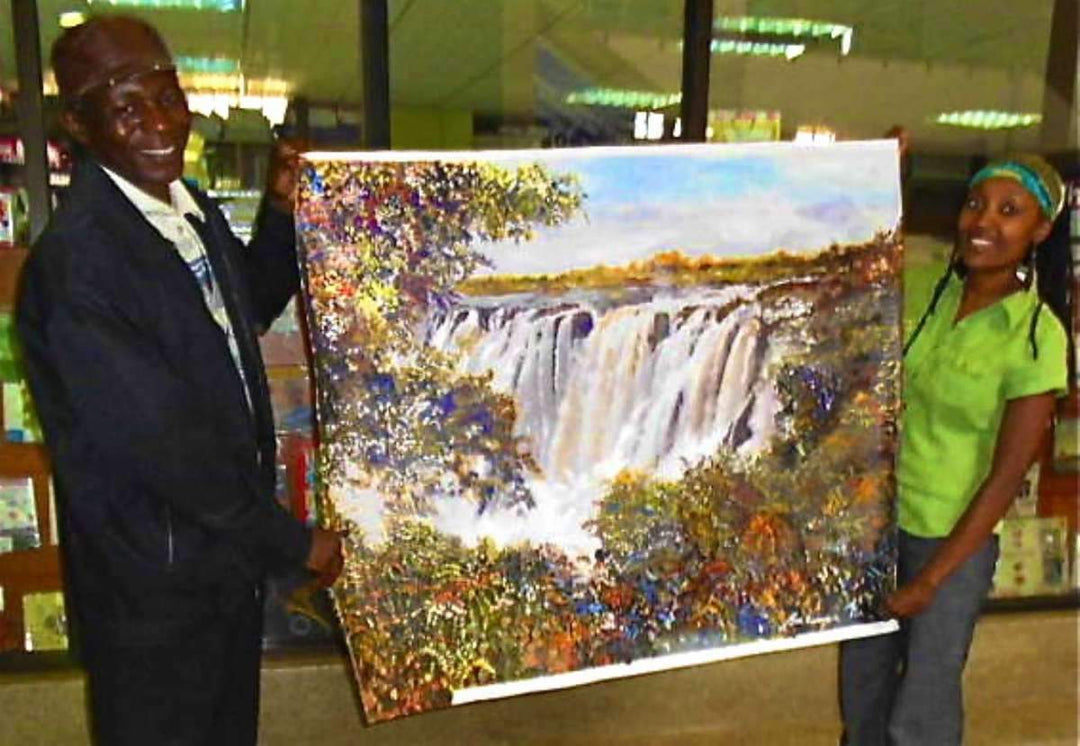 African Artist Martin Bulinya with his Waterfall painting and Gathinja