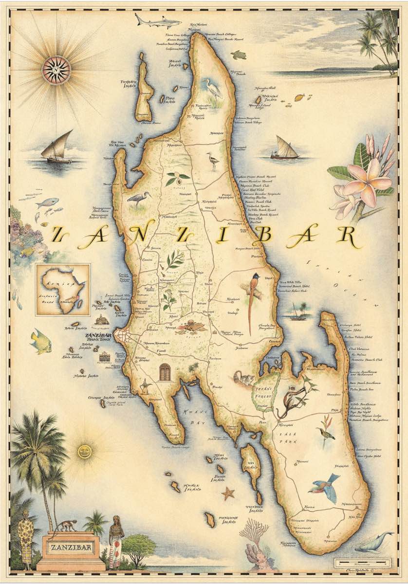 "Zanzibar, Tanzania Vintage Map" |  Chris Robitaille  |  Print  |  True African Art .com  |
