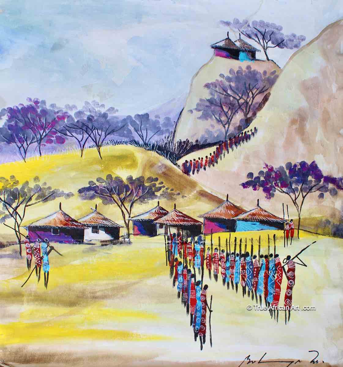 Painting of a Masai Tribe in a Village - B-573 - True African Art .com