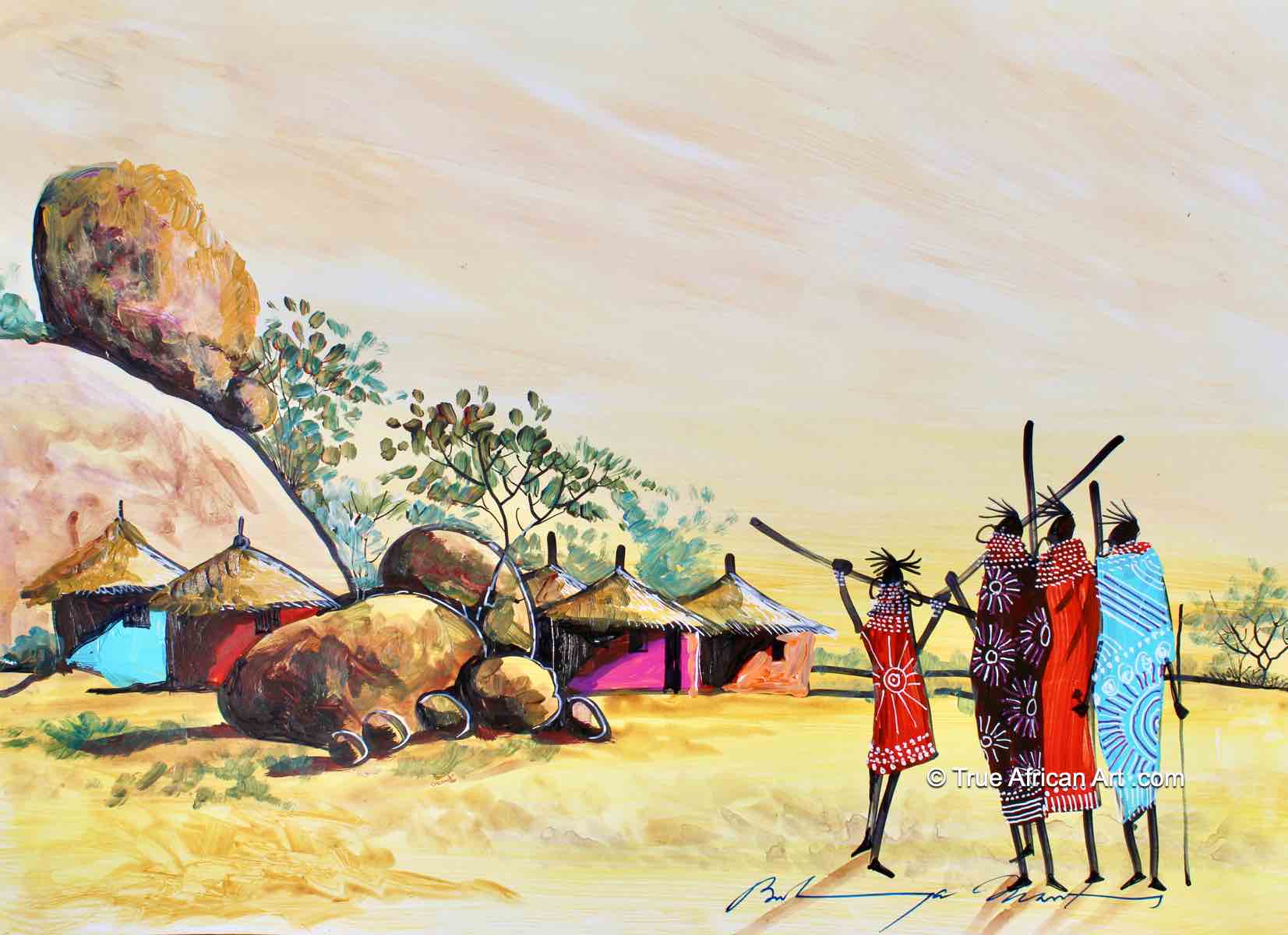 Maasai Village Scene, Painted By Kenyan Artist Martin Bulinya. B-589 ...