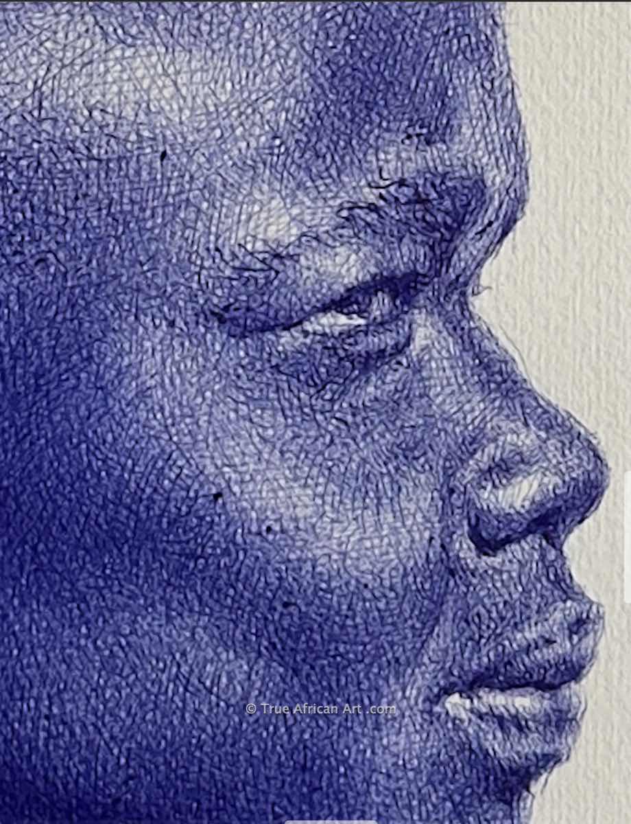 Close up of "Extraordinary" by Ghanaian artist, Enam Bosokah.  Done by a pen on paper.