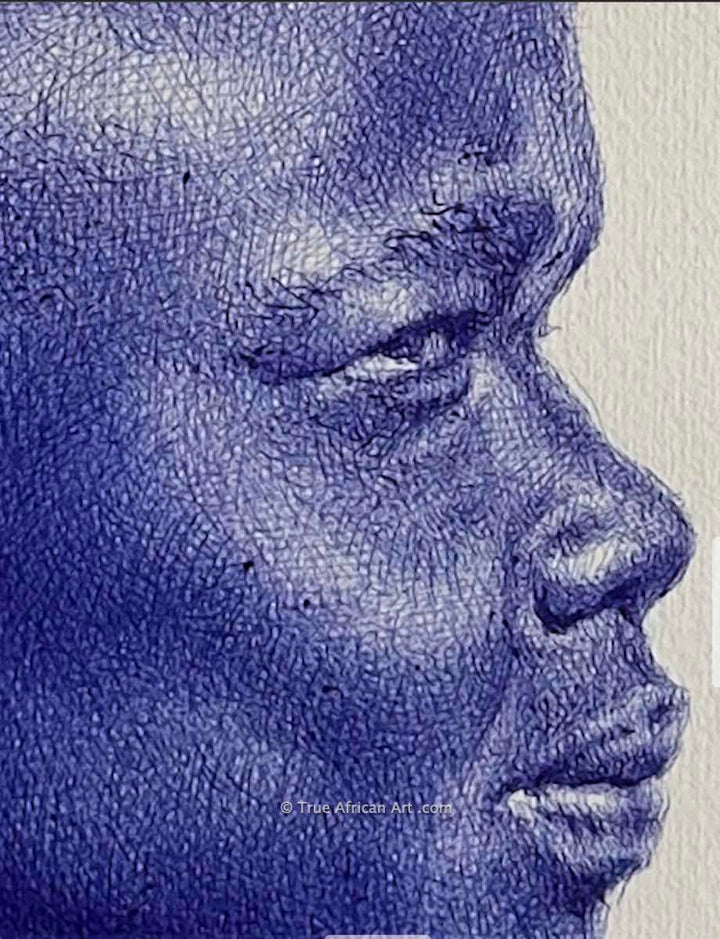 Close up of "Extraordinary" by Ghanaian artist, Enam Bosokah.  Done by a pen on paper.