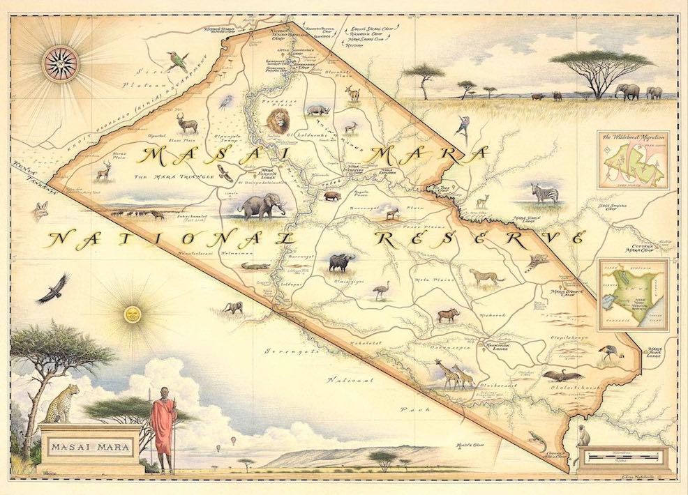 Chris Robitaille  |  Masai Mara Map Print  |  Lithographite Map Art Print  |  True African Art .com