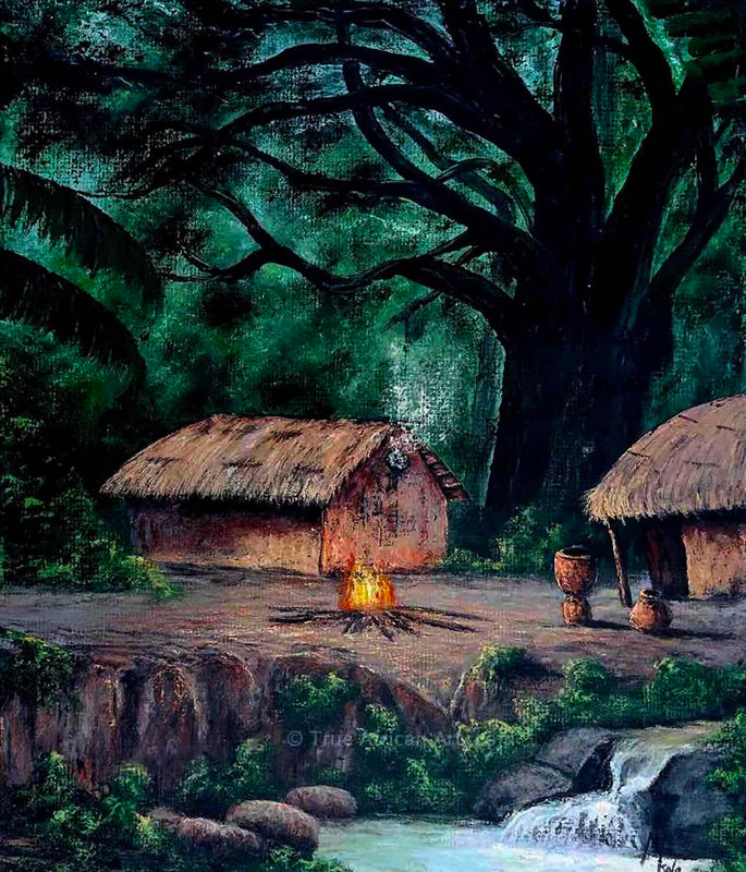 Stephen Msole Kiswanta  |  Tanzania  |  "Nightlight" |  Original    True African Art .com

A painted rural landscape showing small thatched-roof huts beside a stream, with a small fire, clay pots, and a large dark tree in a green forest setting.