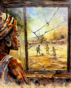 Stephen Msole Kiswanta  |  Tanzania  |  "Supervision" |  Original    True African Art .coms  |  A painted scene showing a woman in profile with a patterned headwrap, looking out through a cracked window at children playing in an outdoor courtyard.