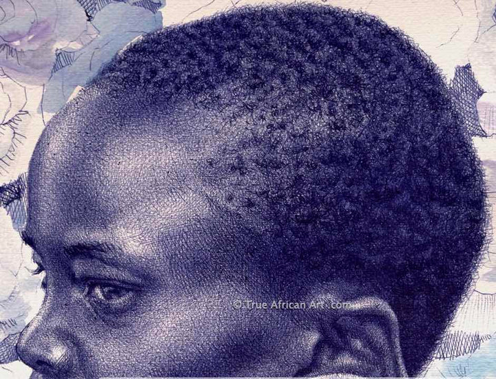 Close up of the girl in "My Flowers" by Ghanaian, Enam Bosokah.