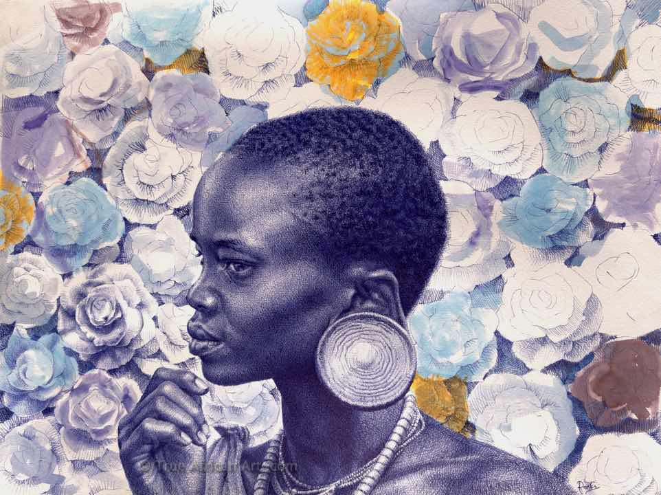 Enam Bosokah  |  Ghana  |  "My Flowers"  |  Original  |  Pen on Paper  |  True African Art .com
