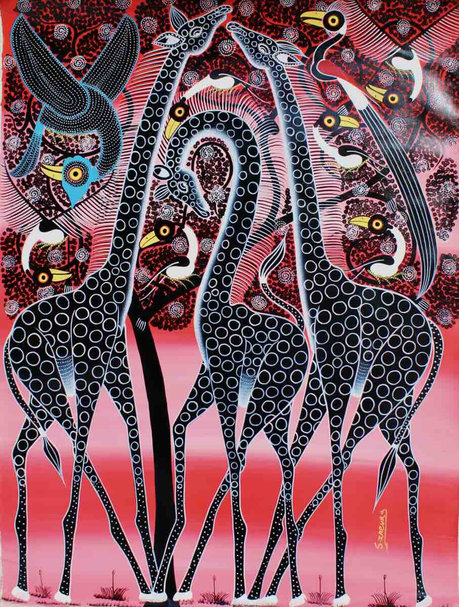 絵画 Tingatinga Giraffes & Birds Tingatinga Art from Tanzania, East Africa – True