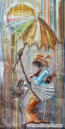 Paul Gbolade Omidiran  |  Nigeria  | "Mother and Child under an Umbrella" |  Original and Print  |  True African Art .com