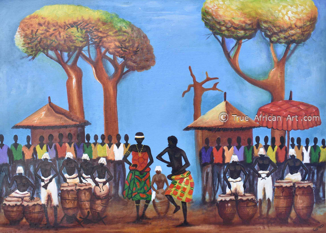 Francis Sampson  |  Ghana  |  Celebration Drumming - Blue  |  Print  |  True African Art .com