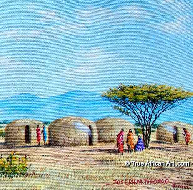 Close up of Kenyan, Joseph Thiongo, Village Paintings on Canvas.