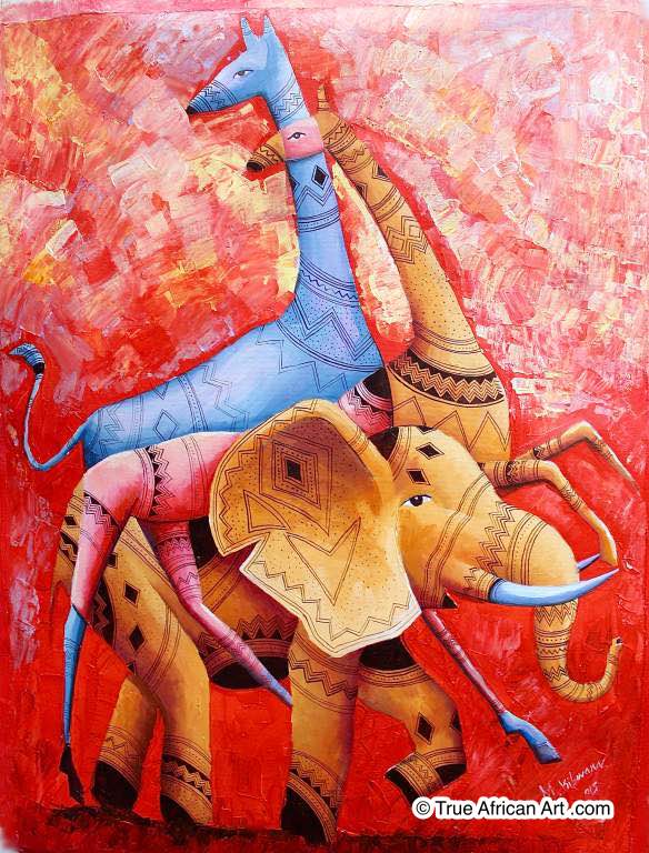 Masoud Kibwana  |  Tanzania  |  "Dance of the Wildlife"  |  Original  |   True African Art .com