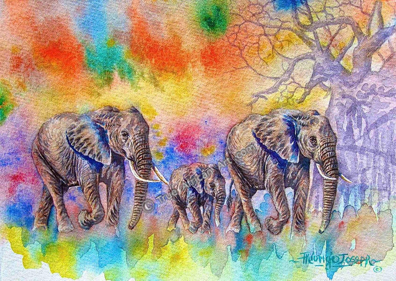 Elephants walking against a semi-abstract background | Artist Joseph Thiongo