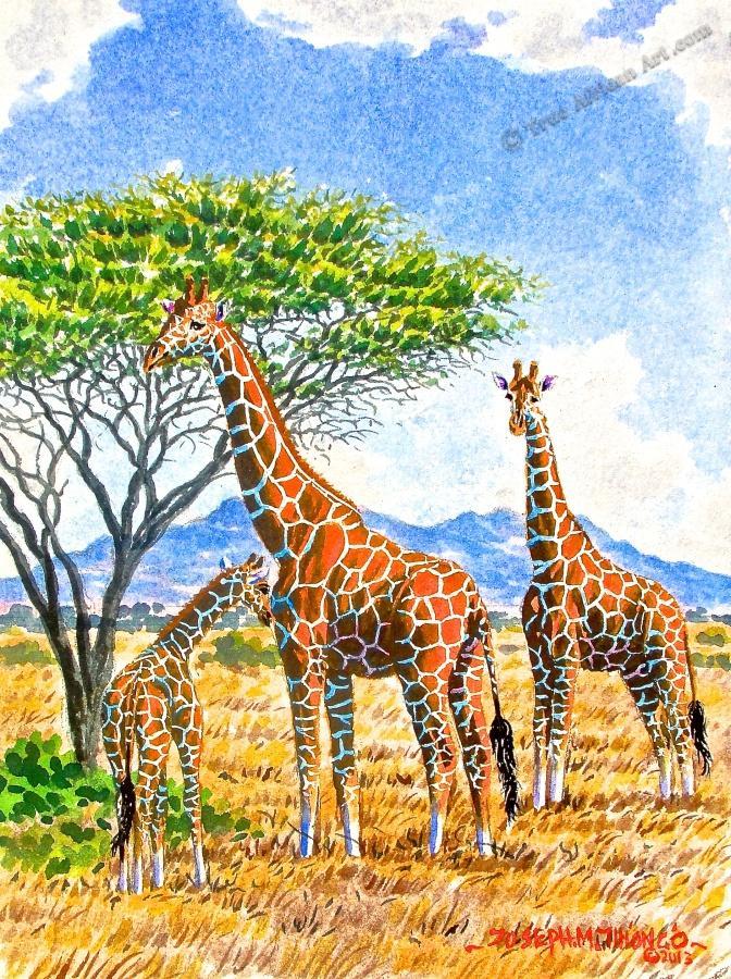 Painting of giraffes in Africa.