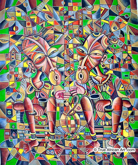 Angu Walters | Cameroon | "Happy Villagers" | Original | True African Art .com