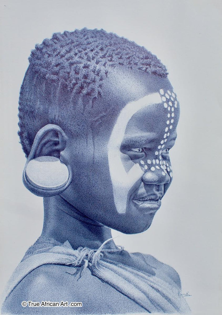 Enam Bosokah | Ghana | "Mursi Girl with EarPlates" | Original | Pen on Paper | True African Art .com