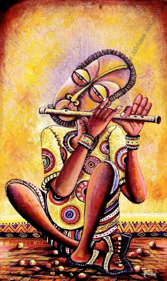 African Painting “The Flutist” | Angu Walters | True African Art .com 