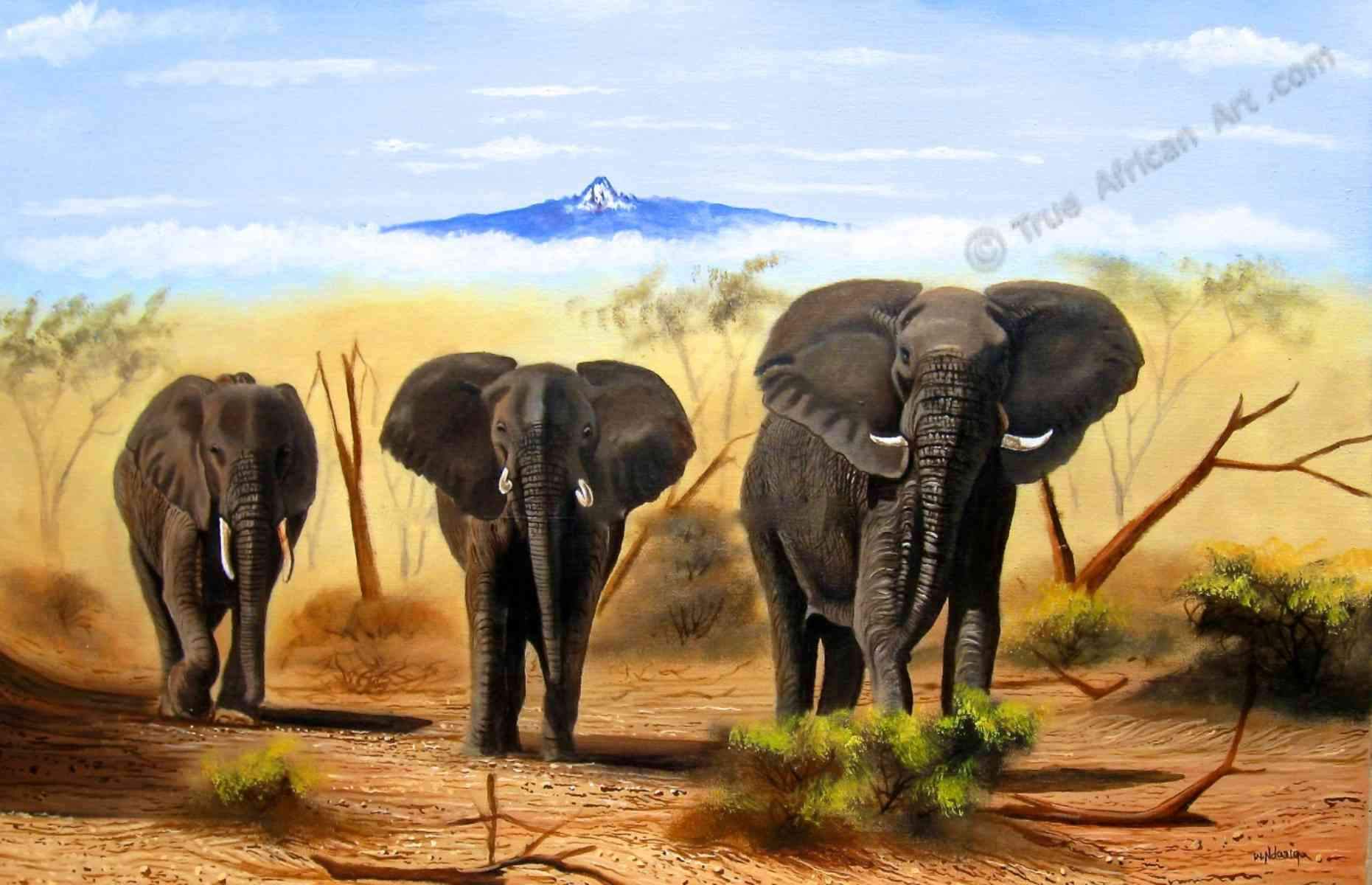 Wycliffe Ndwiga  |  Kenya  |  Three Elephants  |  Print  |  True African Art .com
