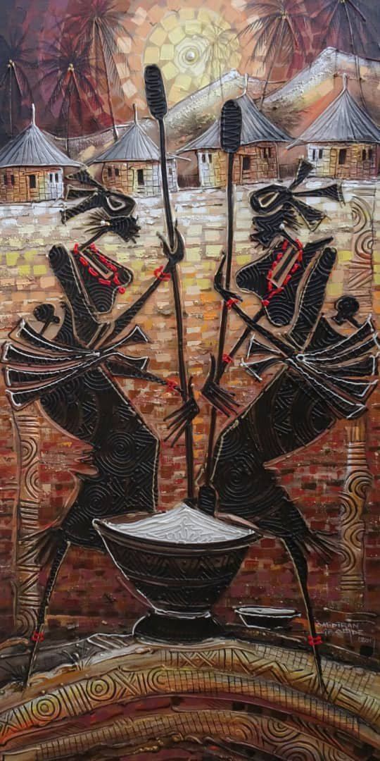 Paul Gbolade Omidiran | Nigeria | "Yam Pounders" |  SOLD  | True African Art .com