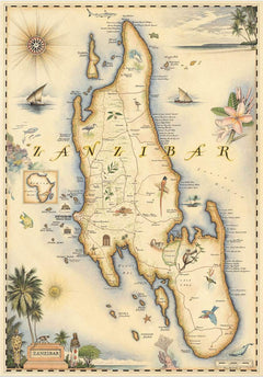 Illustrated by Chris Robitaille  |  Zanzibar, Tanzania, East Africa Map  |  True African Art .com