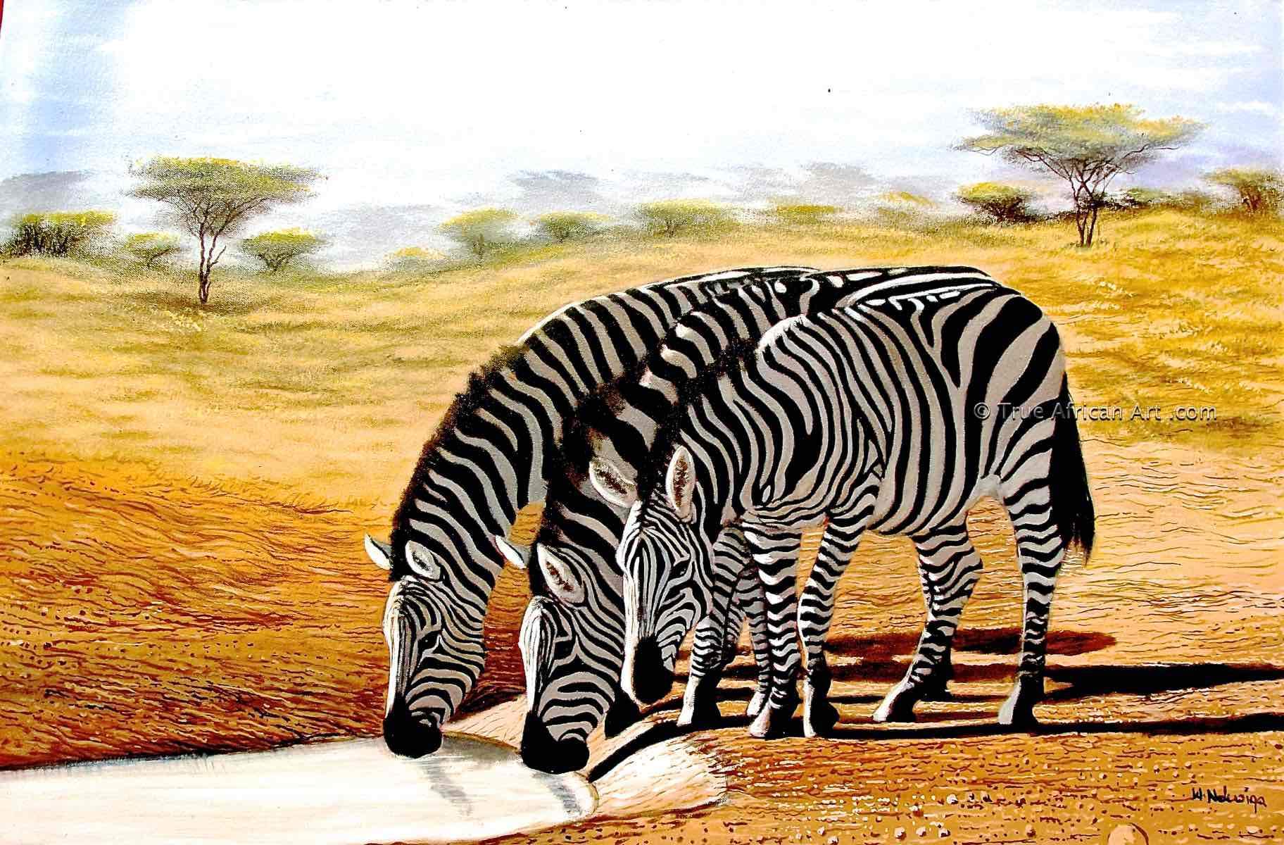 Wycliffe Ndwiga  |  Kenya  |  Zebras Drinking  |  Print  |  True African Art .com